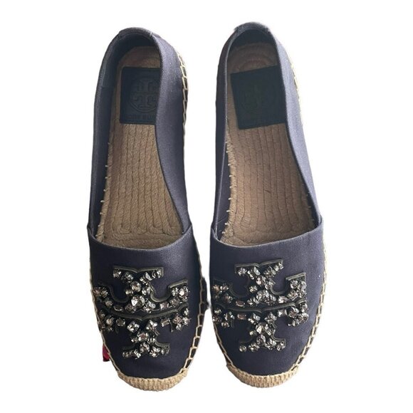 TORY BURCH Ines Embellished Logo Espadrille Flats Navy Canvas Size 5.5 NIB - Picture 4 of 11